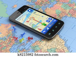 Smartphone with GPS navigation on world map