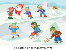 vektor, abbildung, von, klein, kinder, spielen, drau?en, in, winterbilder vektor, abbildung, von, klein, kinder, spielen, drau?en, in, winterbilder