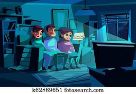 familie, aufpassen, nacht, fernsehapparat, abbildung