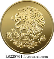 mexikanisch, geld, fünfzig, centavo, goldmünze, ritterwappen, adler hat gehockt, auf, a, kaktus, halten, a, schlange, in, ihr, schnabel