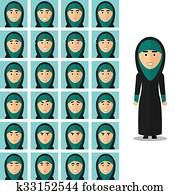gesicht, gefuehle, von, araber, woman., vektor, satz, in, flache, stil