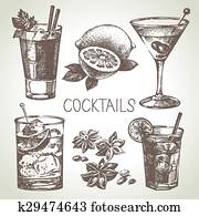 hand, gezeichnet, skizze, satz, von, trinker, cocktails hand, gezeichnet, skizze, satz, von, trinker, cocktails