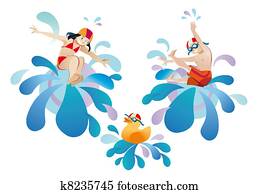 Little girl and boy jumping pool Little girl and boy jumping pool