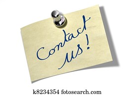 memo note where it's written Contact us the color of the reminder is yellow ans is fixed onto a white wall by a thumbtack