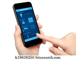 woman hand holding the phone with system smart house