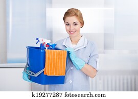 Young Maid Holding Cleaning Supplies Young Maid Holding Cleaning Supplies