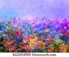 תקציר, צבעוני, שמן צובע, סגול, קוסמוס, flowe,, daisy,, ווילדפלוwאר, ב, תחום