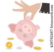 Businessman Taking Money Out of Cute Piggy Bank. Business Concept