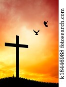 cruz, silueta, con, palomas, en, ocaso