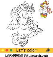 színezés, vektor, csinos, kevés, egyszarvú, étkezési, egy, fánk