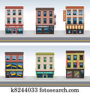 vetorial, cidade, edifícios, ícone, jogo