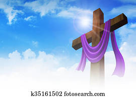 A cross with purple sash on clouds background