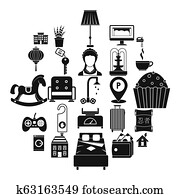 casa pequena, para, descanso, ícones, jogo, simples, estilo