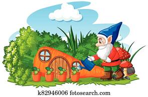 Gnomes watering plant with carrot house cartoon style on white background Gnomes watering plant with carrot house cartoon style on white background