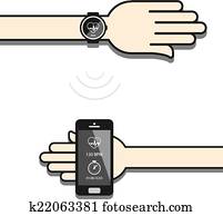 Smartwatch and smartphone communication. Smartwatch sending fitn Smartwatch and smartphone communication. Smartwatch sending fitn