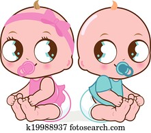 tvilling, babies., a, baby flicka, och, a, baby, boy., vektor, illustration