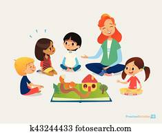 weiblicher lehrer, erzählt, märchen, gebrauchend, pop-up, buch, kindern, sitzen boden, in, kreis, und, hören, sie., vorschulisch, tätigkeiten, und, früh kindheit, education., vektor, abbildung, für, plakat, website.