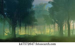 Dark misty forest at dawn or dusk Dark misty forest at dawn or dusk