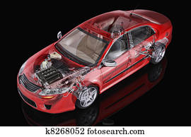 Generic sedan car detailed cutaway representation, with ghost effect, on black backgound. Clipping path included. Generic sedan car detailed cutaway representation, with ghost effect, on black backgound. Clipping path included.