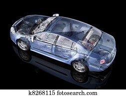 Generic sedan car detailed cutaway representation, with ghost effect, on black backgound. Side/Rear perspective view. Clipping path included. Generic sedan car detailed cutaway representation, with ghost effect, on black backgound. Side/Rear perspective view. Clipping path included.