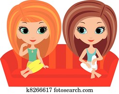 Girls cartoon talk on a sofa. Girls cartoon talk on a sofa.