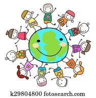 happy kids playing around the earth planet happy kids playing around the earth planet