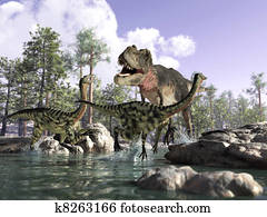 Photorealistic 3 D scene of a Tyrannosaurus Rex, hunting two Gallimimus, running in a river with rocks and trees in the background. Depth of field. Photorealistic 3 D scene of a Tyrannosaurus Rex, hunting two Gallimimus, running in a river with rocks and trees in the background. Depth of field.