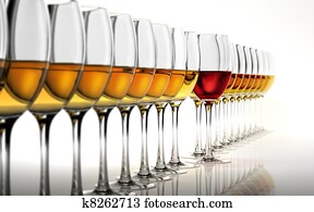 Row of many white wine glasses, with a red one standing out in the middle. On a white reflective surface and white background. Row of many white wine glasses, with a red one standing out in the middle. On a white reflective surface and white background.