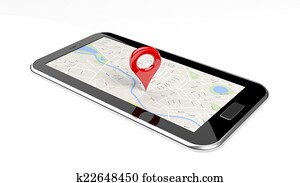 Tablet with map on screen and red pin isolated Tablet with map on screen and red pin isolated