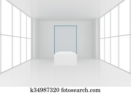 Weißes zimmer, mit, bett, vor, niedrig, fenster, regal, zeigen, hölzern