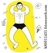 Young man hairy chest sunbathes. Arms under head. Full growth. Top view. Summer sun sea relax vector doodle illustration isolated on white background