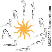 יוגה, שמש, salutation,, וקטור