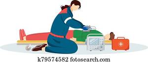 Paramedic giving first aid with defibrillator flat illustration. Emergency doctor, medic and injured patient cartoon characters. Reanimation, urgency care medical specialist, rescuer isolated on white Paramedic giving first aid with defibrillator flat illustration. Emergency doctor, medic and injured patient cartoon characters. Reanimation, urgency care medical specialist, rescuer isolated on white