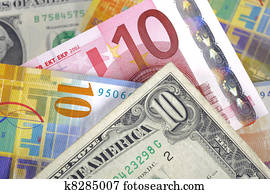 dollar, euro and swiss franc currency