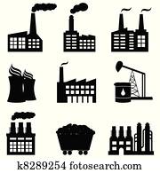 Factory, nuclear power plant and energy icons Factory, nuclear power plant and energy icons