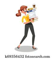 mujer de negocios, proceso de llevar, pila, de, documents., ocupado, hembra, character.