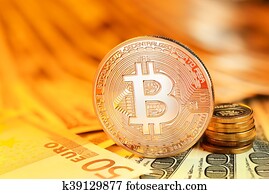 Golden Bitcoin and banknotes Golden Bitcoin and banknotes