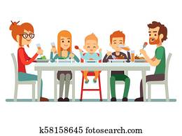 Happy big family eating dinner together vector illustration Happy big family eating dinner together vector illustration