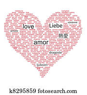 Love concept word in many languages of the world in red and black color