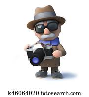 3d, ציור היתולי, ישן, עיוור, mancharacter, להחזיק, a, מצלמה