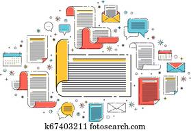 Paper document with icon set, electronic documentation concept, data saving and protection, FAQ or agreement membership contract and rules, vector design. Paper document with icon set, electronic documentation concept, data saving and protection, FAQ or agreement membership contract and rules, vector design.