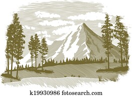 Woodcut Mountain Lake Scene Woodcut Mountain Lake Scene