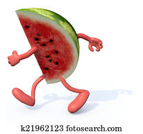 פרוסה של אבטיח, עם, ידיים ורגליים, לרוץ