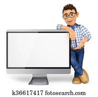 3D Teenager leaning on a blank screen 3D Teenager leaning on a blank screen
