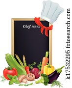 Chef menu board and vegetables Chef menu board and vegetables
