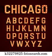 chicago,, broadway, lichter, schriftart chicago,, broadway, lichter, schriftart