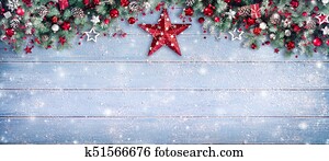 Christmas Border - Fir Branches And Ornament On Snowy Plank Christmas Border - Fir Branches And Ornament On Snowy Plank