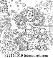 Cute little mermaid girl sits on a stone playing with fish on underwater world with corals and anemones background outlined Cute little mermaid girl sits on a stone playing with fish on underwater world with corals and anemones background outlined