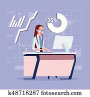 Business Woman Sitting Desk Working Computer Over Financial Charts