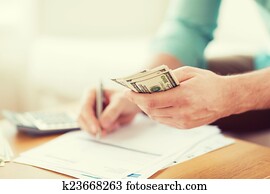 cima, de, homem, contagem, dinheiro, e, fazer anota